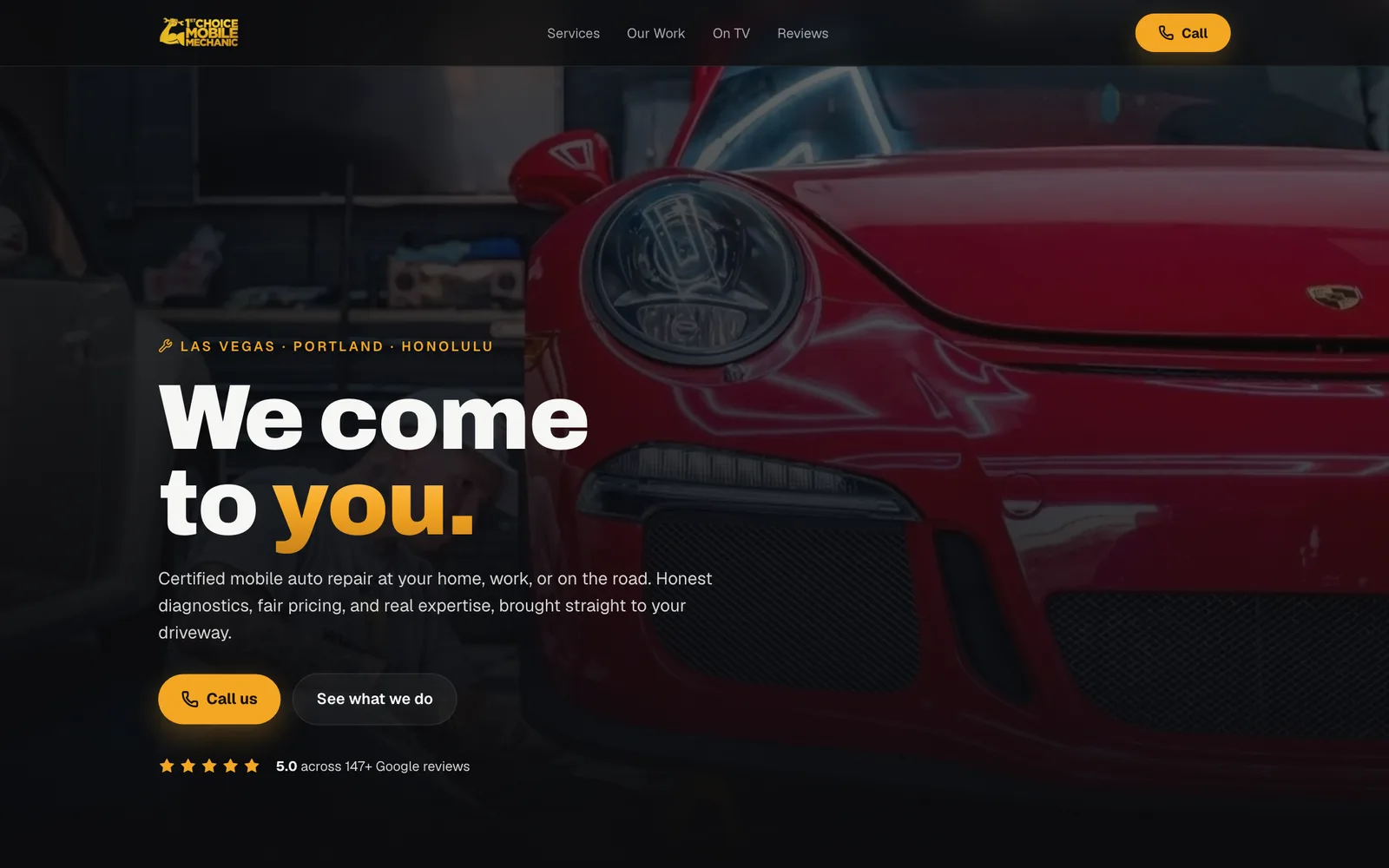 Homepage of 1stchoicemobilemechanic.com, a mobile auto repair business website designed by Delvixo with a dark automotive theme, gold accents, and a Porsche hero image.