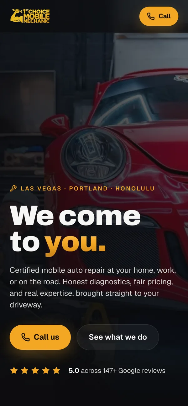 1st Choice Mobile Mechanic website shown on a phone, built by Delvixo