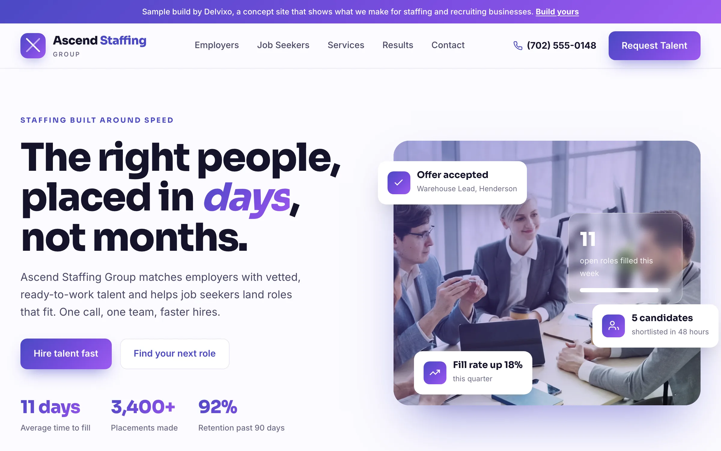 Staffing & Recruiting website on a desktop, designed and built by Delvixo