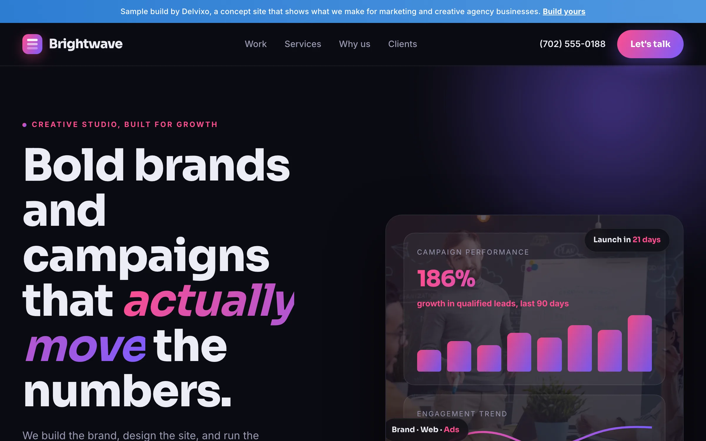 Creative Agency website on a desktop, designed and built by Delvixo