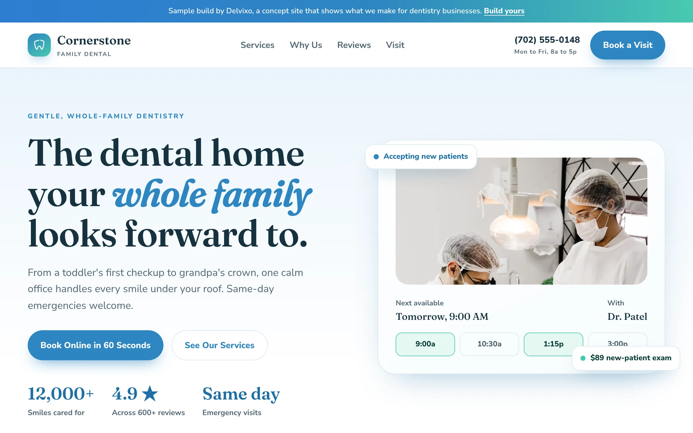 Family Dentistry website on a desktop, designed and built by Delvixo