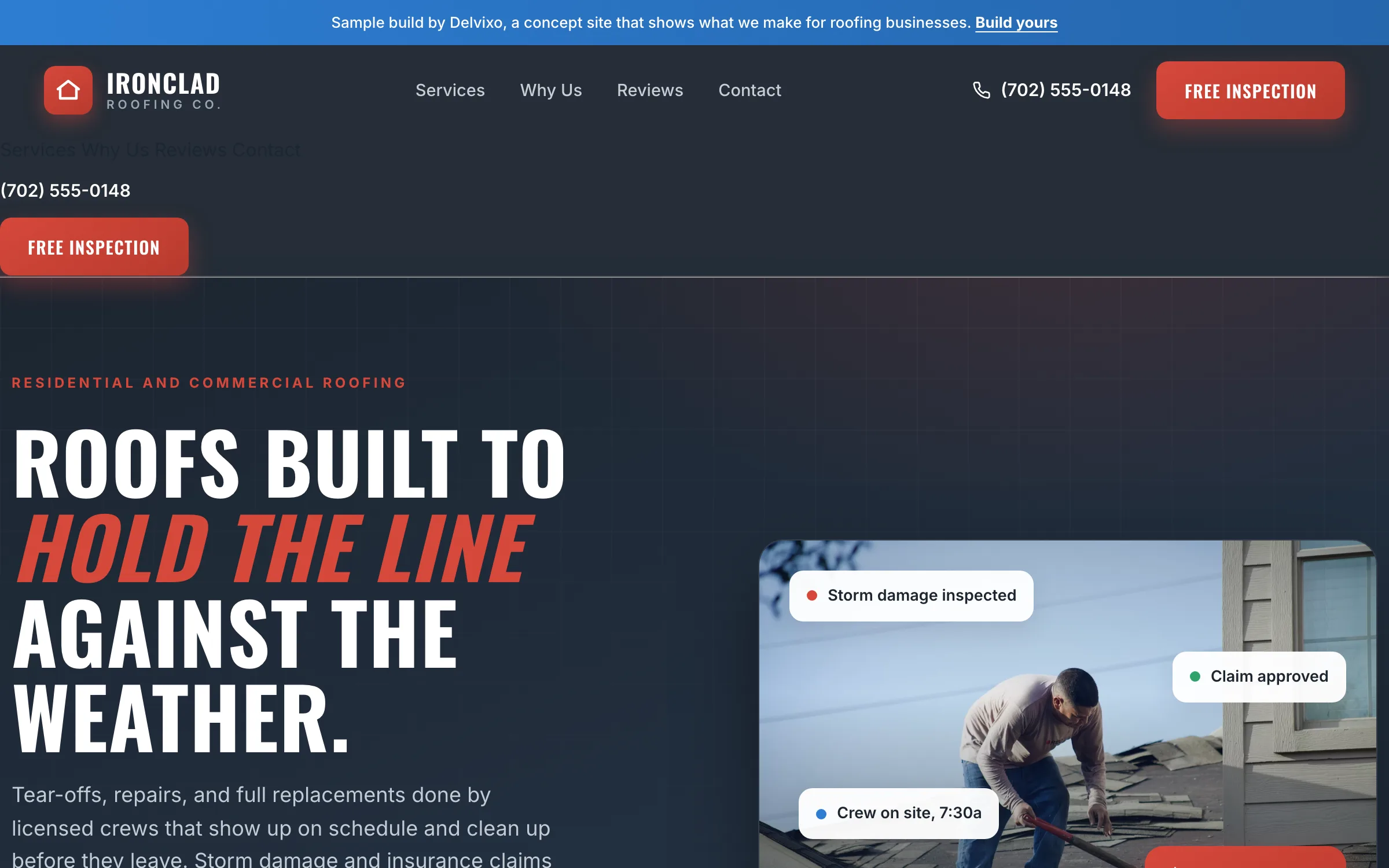 Roofing website on a desktop, designed and built by Delvixo