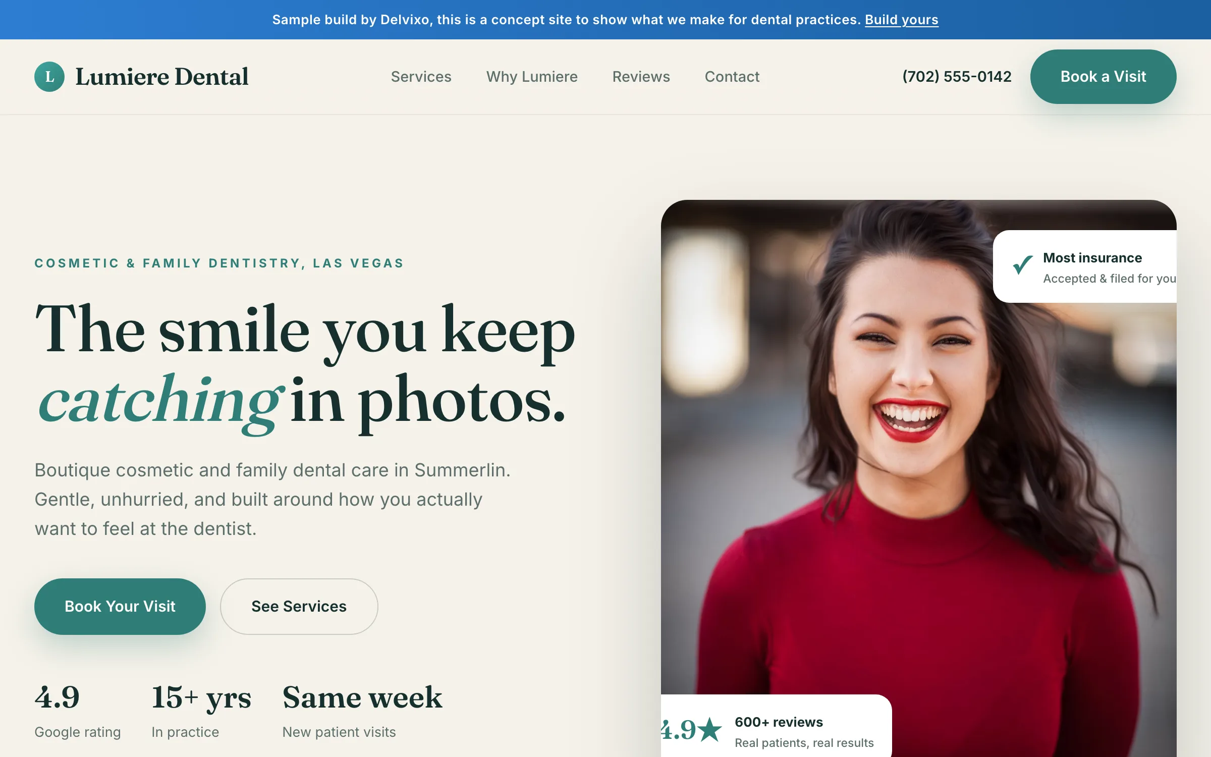 Cosmetic Dentistry website on a desktop, designed and built by Delvixo