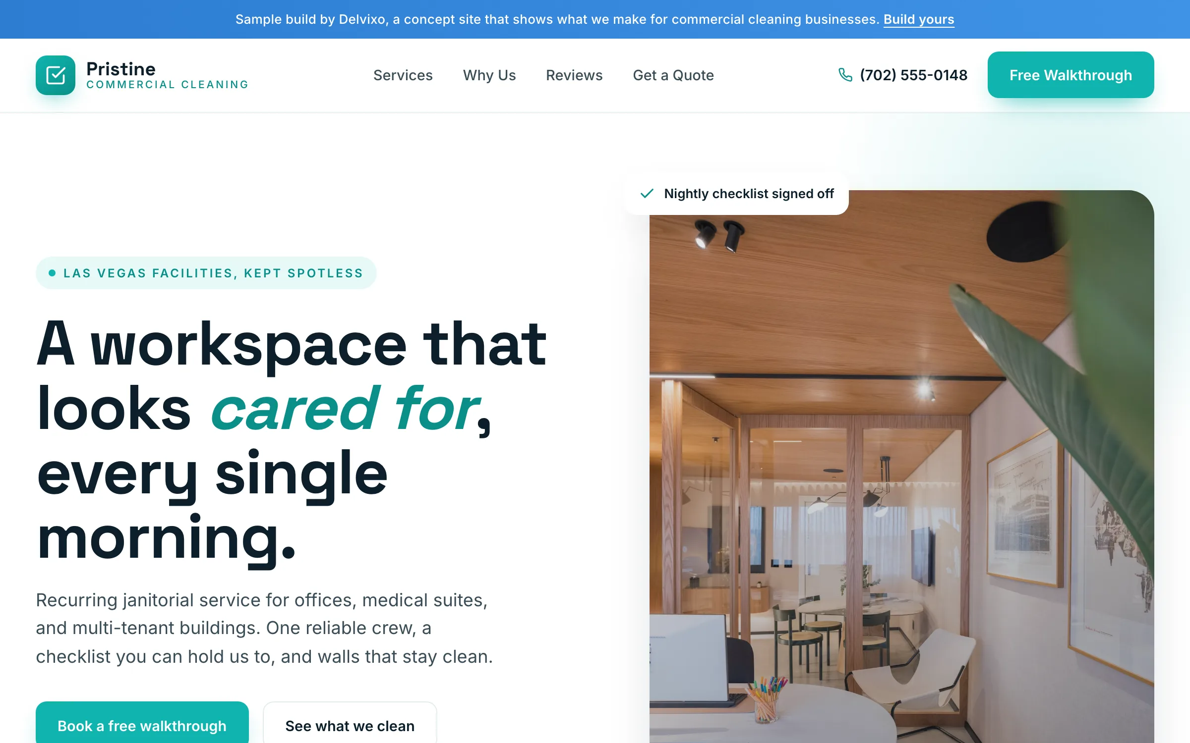 Commercial Cleaning website on a desktop, designed and built by Delvixo