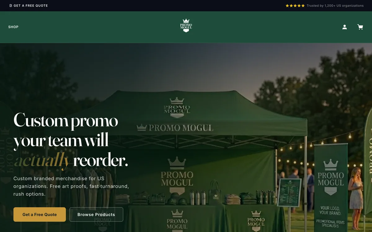 Promotional products website on a desktop, designed and built by Delvixo