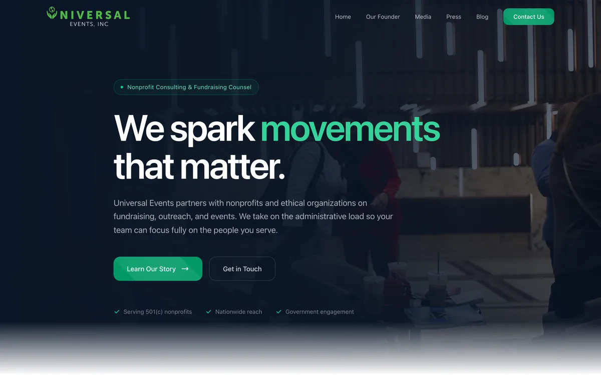 Homepage of universalevents-inc.com, an events and marketing company website designed by Delvixo with a dark hero and green accents.