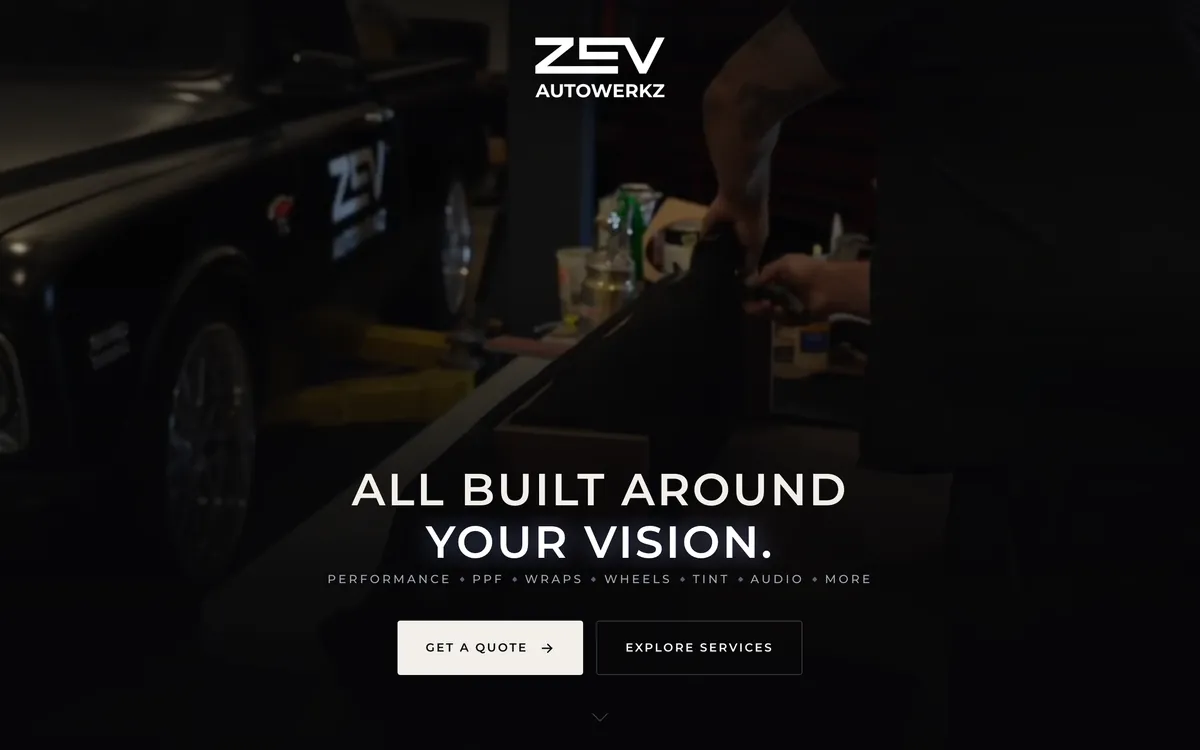 Homepage of zevautowerkz.com, a Las Vegas paint protection film, tint, and ceramic coating shop website built by Delvixo, with a near-black video hero of film being installed and the white ZEV Autowerkz wordmark.