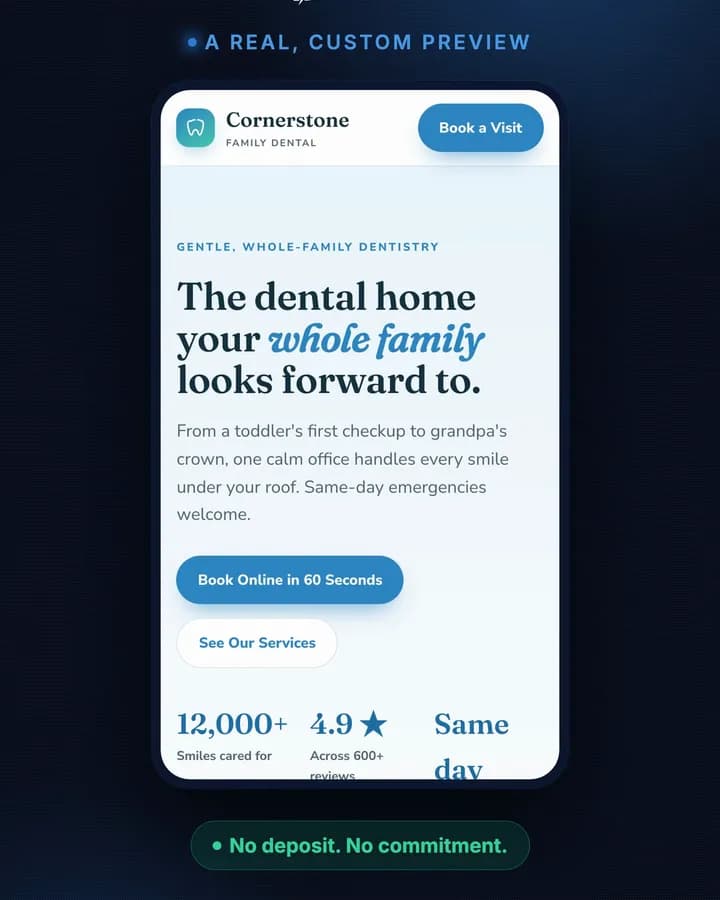 A preview we built for a dental practice, on a phone