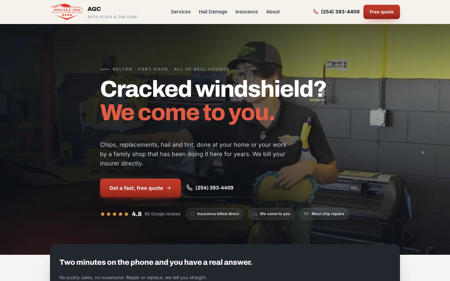 An auto glass shop's homepage on a desktop, built by Delvixo
