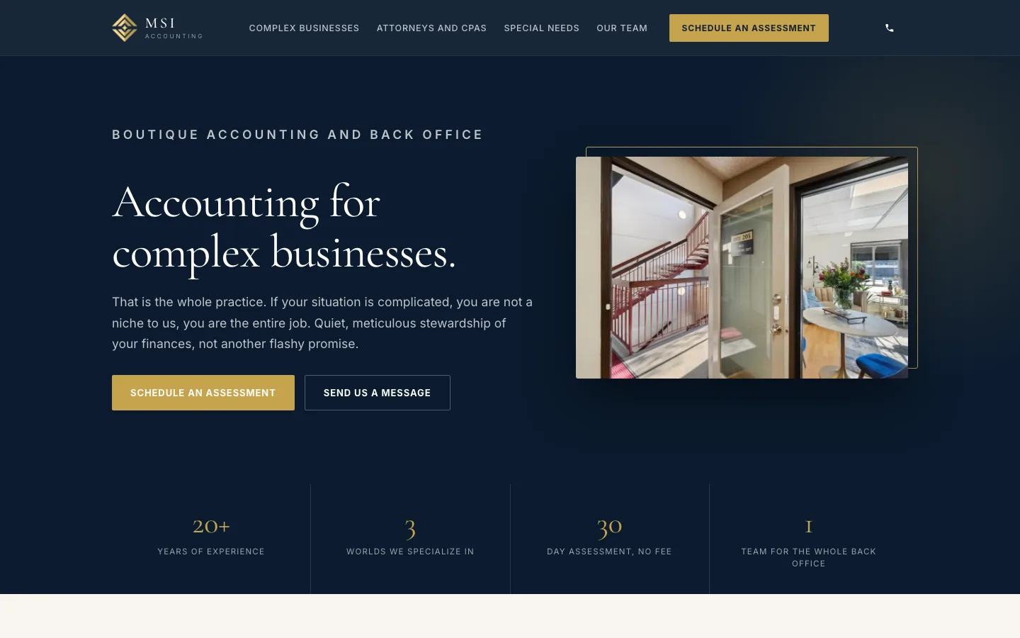 An accounting firm's homepage on a desktop, built by Delvixo