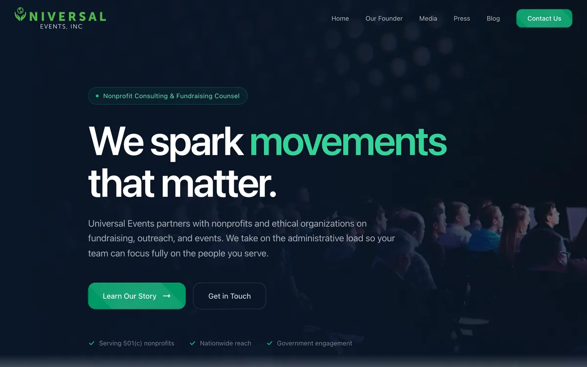 Homepage of universalevents-inc.com, an events and marketing company website designed by Delvixo with a dark hero and green accents.